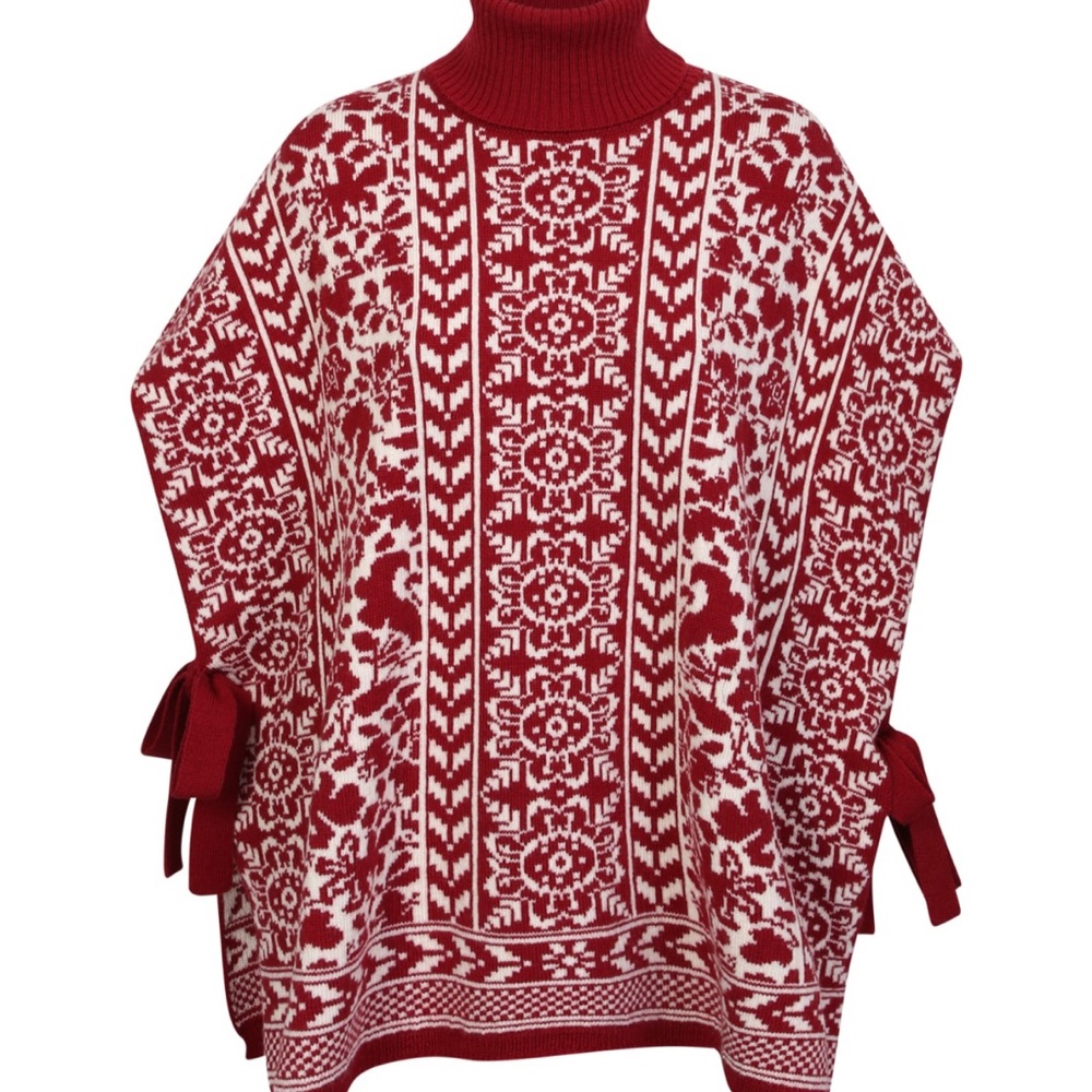 LA DoubleJ Red and White Patterned Cowl Sweater poncho